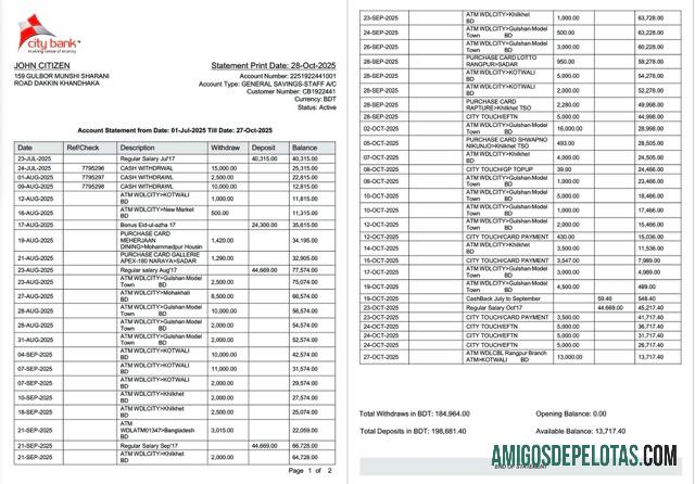 Extrato bancário da cidade de Bangladesh para download, modelo Word e PDF, 2 páginas